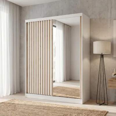 Obrázek produktu pro BEAUTYSOFA | Skříň DONATELLO 160 cm, bílá/Artisan, se zrcadlem a lamelovými posuvnými dveřmi, moderní