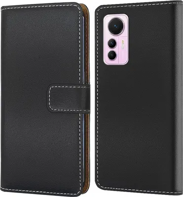 A black flip-style phone case is shown open, revealing the inside and the back of a phone with a pink camera module.