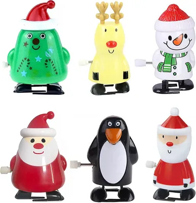 Obrázek produktu pro Vánoční hračky – sada 6 kusů – s mechanismem na klíček – hračky: pinguín, sob, vánoční stromek, sněhulák, Santa Claus