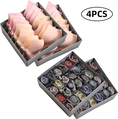 Produktbild von 4 Stück Aufbewahrungsboxen 2 Stück 7 Fächer Unterwäsche Aufbewahrungsboxen und 2 Stück 24 Fächer Socken Aufbewahrungsboxen Faltbare Schubladenteiler Grau