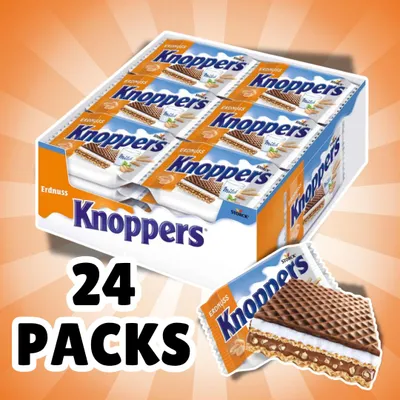 Produktbild von Knoppers Erdnuss 24 x 25 g – Knusprige Waffelschnitten mit Erdnüssen, 600 g + Heartforcards Versandschutz
