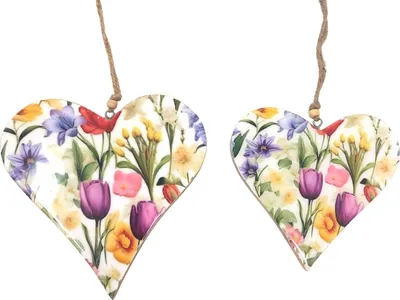 Produktbild von 2er Set Dekohänger Herzen Blumenmeer 15 + 18cm Mangoholz mit Emaille Formano F26