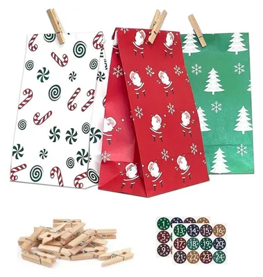 Produktbild von Adventskalender zum Befüllen mit 24 Papiertüten, Aufkleber und Holzklemme