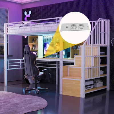Produktbild von Flieks Etagenbett 90x200cm mit Schreibtisch und Regal, Hochbett Metallbett mit Led und Steckdose, Kinderbett Jugendbett mit Treppe, Weiß