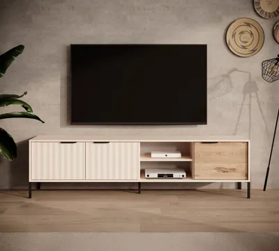 Produktbild von TV-Schrank 200 cm Varo - Dreitürige TV-Tisch - Modern, Loft, Wohnizmmer - Möbel vom Hersteller (Beige + Braun)