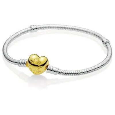 A studio shot of a Pandora bracelet with a heart-shaped clasp.