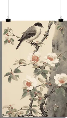 Produktbild von Tierposter - Vogel auf Ast Poster - Blüte Poster - Natur Poster - 51x71cm - Perfekt zum Einrahmen