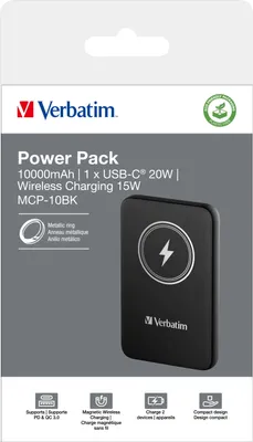 Obrázek produktu pro Verbatim Charge 'n' Go, 10000 mAh, Lithium-polymerová (LiPo), Quick Charge 3.0, Bezdrátové nabíjení, Černá