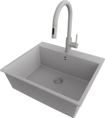 Produktbild von PRIMAGRAN Granitspüle Grau 58x50cm, Spülbecken 1 Becken + Küchenarmatur 40x20cm + Ablauf-Set, Küchenspüle ab 60er Unterschrank - Riga