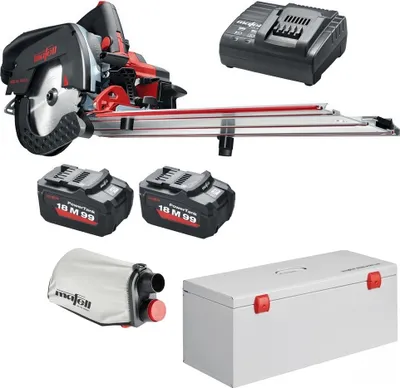 A collection of Mafell KSS 60 18M bl cordless plunge-cut circular saw kit components, including the saw, batteries, charger, dust bag, and a storage case, arranged against a white background.