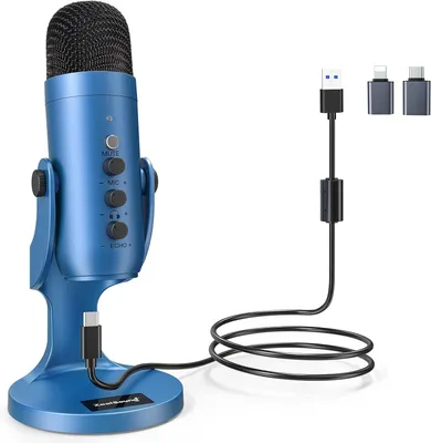 Productafbeelding van USB-condensatormicrofoon K66 voor PC, Mac, iPhone, iPad, Android – geschikt voor gaming, podcasts, streaming, opnames, met ruisonderdrukking, instelbare versterking en echo. Ideaal voor gebruik op een bureau