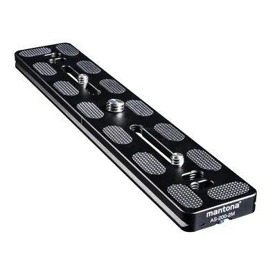 Produktbild von Mantona AS-200-2M Schnellwechselplatte Arca-Swiss kompatibel 200 x 38 mm Aluminium mit 1/4" und 3/8" Schrauben, Gummipuffern und Mittenmarkierung