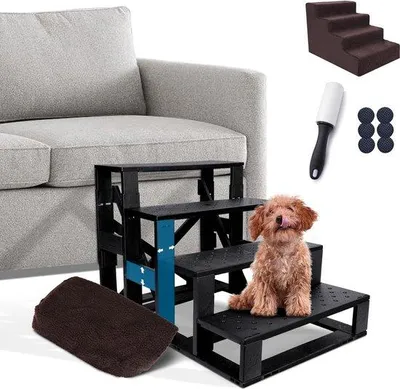 Produktbild von Famanu Hundetreppe für kleine Hunde - 4 Stufen, rutschfest, mit waschbarem Bezug