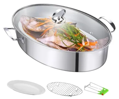 Produktbild von Edelstahl Fisch-Dämpfer – Ovaler Multi-Topf mit Rost & Keramik, Ideal für Fisch, Pasta, Suppen & Dämpfen, Universal Kochtopf, 38,7x25x10,8cm