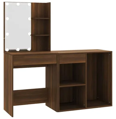 Imagen del producto de Mesa de maquillaje LED de vidaXL con armario, color marrón, aspecto de roble, fabricada en material de madera