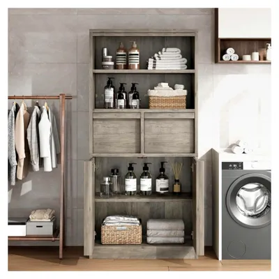 Produktbild von Badezimmerschrank, Hochschrank mit 2 Türen, 2 offenen Fächern und 2 Ablagen, platzsparend für Bad, Küche, Wohnzimmer, 60x30x130 cm, Grau