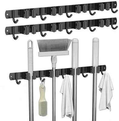 Produktbild von Wandbesenhalter mit Haken - Edelstahl Halterung mit 4 Haltern und 5 Haken