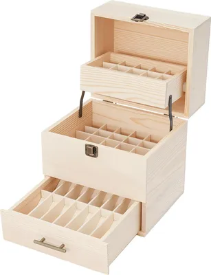 Produktbild von Aufbewahrungsbox für ätherische Öle - 3-stöckiger Organizer - 59 Fächer - Für 10 ml & 15 ml Fläschchen - Abschließbar - Kiefernholz - 21,5×18,5×24,5 cm - Natur