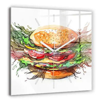 Produktbild von Wallfluent Große Wanduhr – Stilles Quarzuhrwerk - Uhr Dekoration Wohnzimmer Schlafzimmer Küche - Zifferblatt mit Striche - weiße Zeiger - 60x60 cm - XXL-Käse-Burger