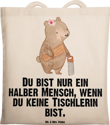 Produktbild von Mr. & Mrs. Panda Jutebeutel Tischlerin Herz - Transparent - Geschenk, Einkaufstasche, Laptoptasche, Shopping Tasche, Tote Bag