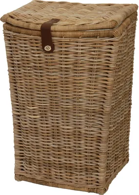 A tall, rectangular wicker laundry basket with a lid and a leather strap closure.