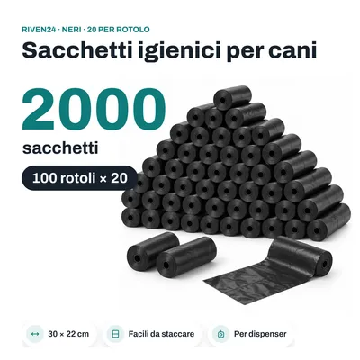 Immagine prodotto di RIVEN24 Sacchetti igienici per cani neri, 2000 sacchetti (100 rotoli × 20), 30 × 22 cm, per dispenser