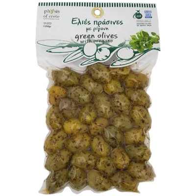 Produktbild von Oliven Physis of Crete 250 g Grün Ungeschält mit Oregano aus Chalkidiki Naturbelassen aus Griechenland
