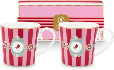 Produktbild von Kleine Henkelbecher im Set mit Love Birds Medallion Streifen in Rot-Pink