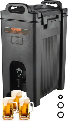 A black beverage dispenser with three beer mugs in front of it, and some black rings to the right.
