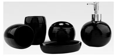 Produktbild von Schwarzes Badezimmer-Accessoires-Set, 5-teiliges modernes Keramik-Set mit Seifenschale, Seifenspender, Zahnbürstenhalter und Spülbecher für Zuhause