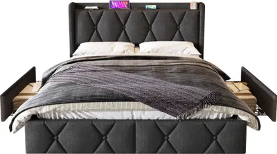 Produktbild von Merax Polsterbett 140x200cm mit Steckdose und USB Ladefunktion, Doppelbett mit 4 Schubladen und Lattenrost, Stauraumbett aus Leinen, Grau
