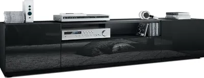 Produktbild von Vladon Lowboard Mogan, TV-Kommode mit 2 Türen, 1 Klappe und 1 offenes Fach, Schwarz matt/Schwarz Hochglanz (181 x 39 x 35 cm)