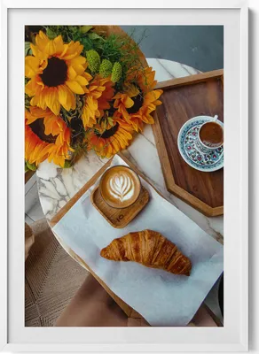 Produktbild von Französisches Croissant und Kaffee– Wandbild mit Rahmen – Gerahmtes Bild  – Wanddekoration – 70x100 cm –  Weiß Rahmen