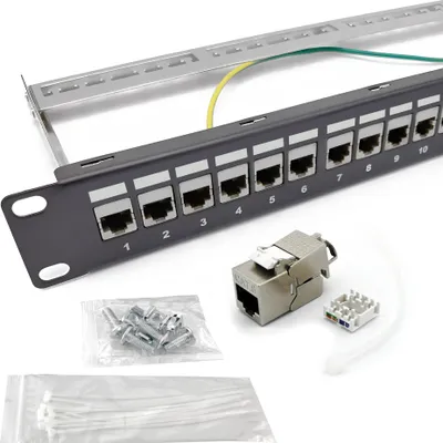 Produktbild von ARLI Patchpanel 19" inkl. 24x Cat8.1 Keystone Patchfeld Jack Modular 24 Port Set Kabelmanagement Erdung