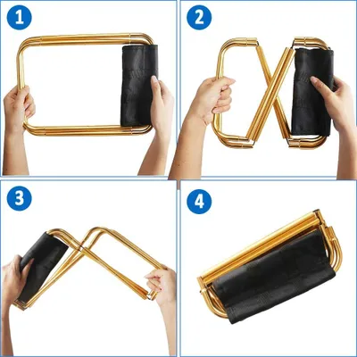 Four panels showing the steps to fold a portable stool.
