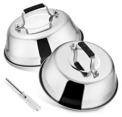 Produktbild von Burger Dome, 2 Burgerdeckel aus Edelstahl mit Kunststoffgriffen, Burgerdeckel für Grill, Küche, Steak, Käse, Barbecue & Teppanyaki, langlebig und spülmaschinenfest, 17 x 6 cm (rund)