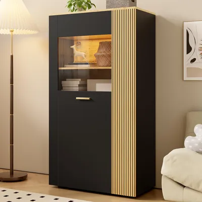 Image de Merax Vitrine avec LED 16 couleurs et gestion des câbles, PB Armoire de rangement avec 3 étagères fixes & 2 réglables, Organisateur multifonctionnel, Noir