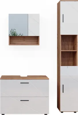 Produktbild von Badmöbel-Set Vicco Irma Weiß Hochglanz/Goldkraft Eiche 3 Teile, mit Schubladenschrank und Hochschrank, Model 40542