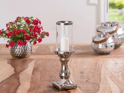Produktbild von Windlicht Glory 31 cm Fuß Silber Glas Zylinder Silberrand Kerzenständer Kerzenha