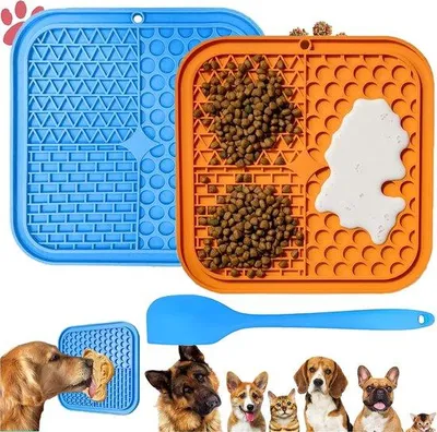 Productafbeelding van Ibenzoa® siliconen voerplaat met zuignappen – set van 2, blauw en oranje, 20 x 20 cm – antislip voerbord voor hond en kat