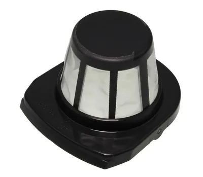 A black vacuum cleaner filter with a white mesh part, set against a white background.