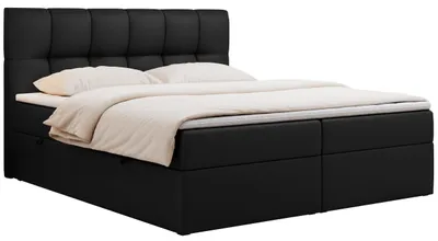 Produktbild von Boxspringbett 200x200 mit Bettkasten, Bett mit Multipocket - Matratze H3 Topper, Polsterbett 200x200 mit Bettkasten Kopfteil, Boxspringbett mit Matratze H3 - RICO - 200x200 - Schwarz - Kunstleder - H3