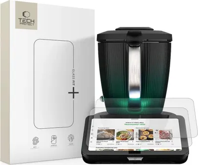 A product shot featuring a food processor and its packaging, along with screen protectors.