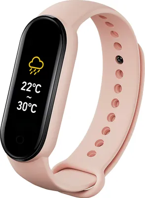 A pink smart band with a black screen displaying weather information and temperature.