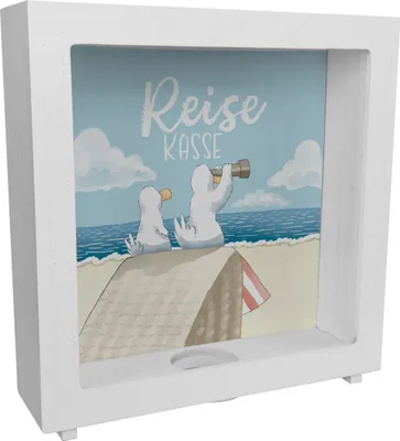Produktbild von Möwen Rahmen Spardose aus Holz mit Spruch Reisekasse