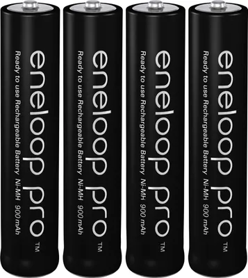 Four black AAA rechargeable batteries are lined up against a white background.