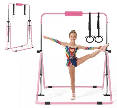 Produktbild von VEVOR Gymnastikstange für Kinder mit 63,5 kg Tragkraft, Klappbares Turnreck mit Turnringen, Höhenverstellbare Turnstange für Indoor- und Outdoor-Training, Heimtrainingsgerät für Kinderturnen, Pink