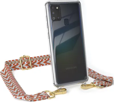 Produktbild von EAZY CASE Handykette - Verstellbarer Trageriemen kompatibel mit Samsung Galaxy A21s, Handykordel mit transparenter Silikon-Hülle, Band in Orange