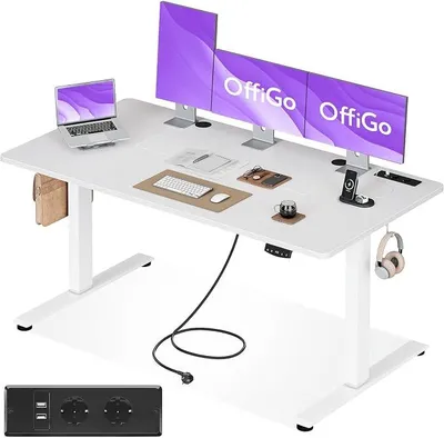 Imagen del producto de Escritorio de altura ajustable con enchufes, 160x80 cm, color blanco