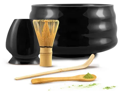 Produktbild von Cebador - Matcha Tee Set Yoru - Keramik Matchawan Schale 500ml - Kusenaoshi Halter - Bambus Chasen Besen, Chashaku Löffel - Schwarz